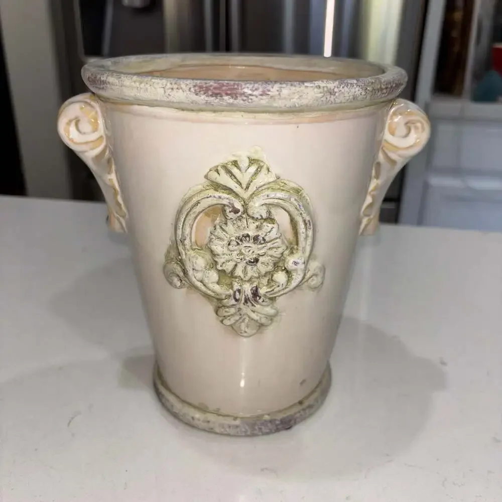 Vintage Italian Style Ceramic Planter Shabby Chic Tuscan Urn Vase with Handles